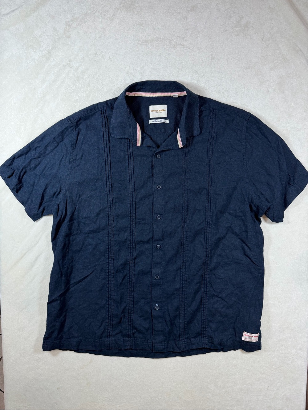Scotch & Soda XXL Linen Blend Navy Short-Sleeve Button-Down Shirt with Trim
